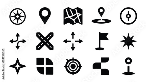 Vector illustration of navigation icons including compass map location and direction symbols for design and orientation purposes