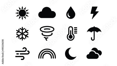 Weather icons set including sun cloud rain lightning snowflake tornado thermometer umbrella wind rainbow moon and storm clouds on white background for forecasting and climate