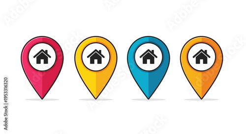 Collection of four map pointer icons in various colors featuring a simple house symbol for real estate search.