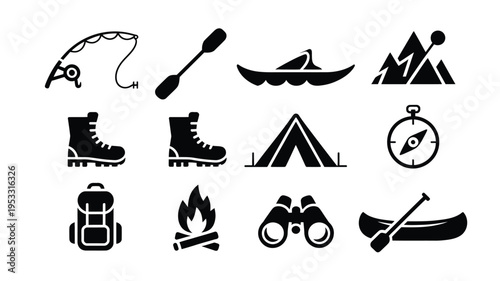 Camping and hiking icons set including fishing kayaking trekking and outdoor adventure symbols
