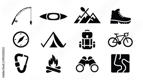 Outdoor adventure icons set including hiking camping fishing and biking symbols for travel and leisure activities