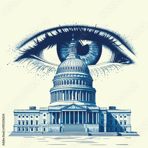 Capitol building, stormy eye, government, surveillance , vector style simple color