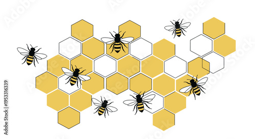 Bees on Honeycomb Cells Closeup View.