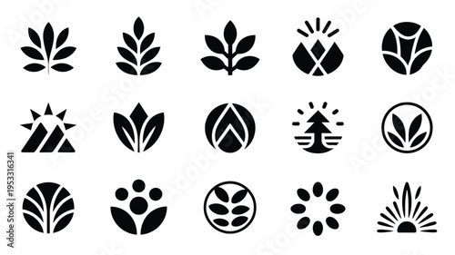 Bundle of nature inspired logo silhouettes featuring leaves flowers and sun symbols in black on white background