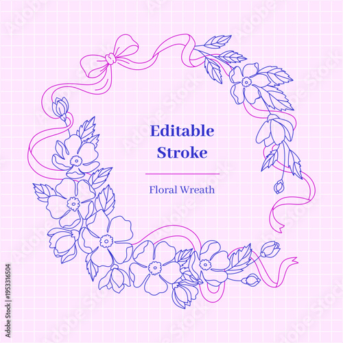 Floral bouquet with ribbon and bow thin line art vector illustration, Editable stroke width for customizable outline, Hand drawn sketch style design