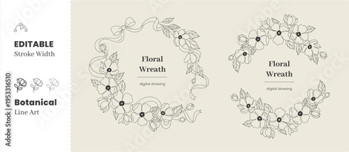 Cherry blossom floral wreaths thin line art vector illustration, Editable stroke width for adjustable thickness, Delicate botanical frame outline designs