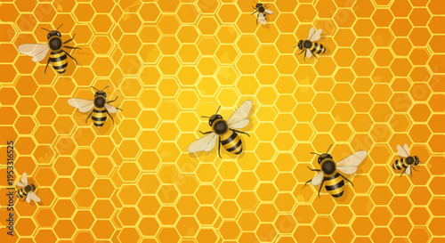 Busy Bees on Honeycomb Structure Closeup.