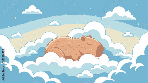 Cartoon Capybara Relaxing on Cloud Formation.