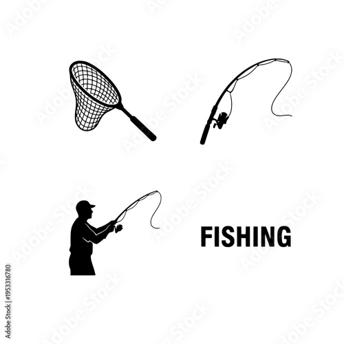 Fishing gear and silhouette of a man fishing vector illustration