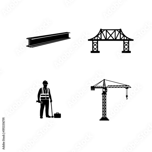 construction worker with crane and steel beam vector illustration