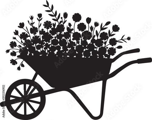 Black silhouette wheelbarrow filled with flowers gardening