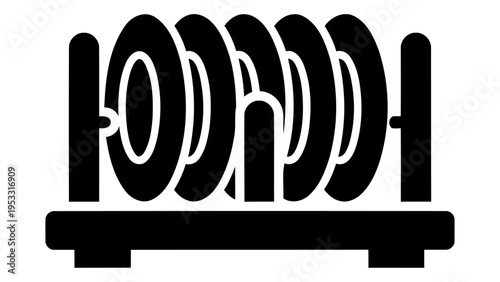 Minimalist dish drying rack with stacked plates and bowls, isolated on white background