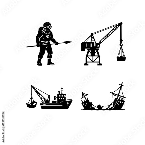 scuba diver with spear, crane, fishing boat, and wrecked ship vector illustration