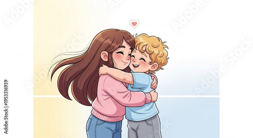 Mother kissing and hugging her happy little boy expressing love and affection heart above them