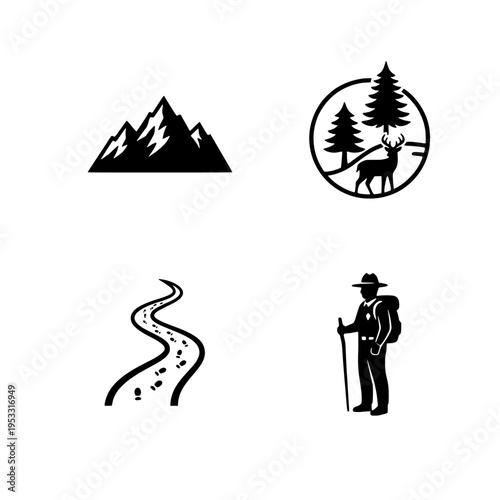 hiking icons set with mountain, deer, trail and hiker vector illustration