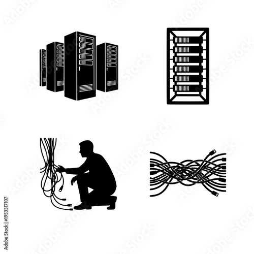 Server room setup with IT professional managing cables vector illustration