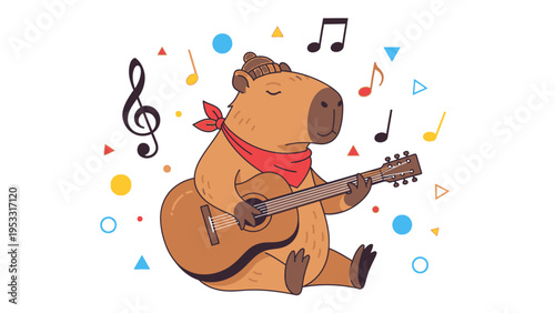 Capybara Playing Guitar Music Illustration.