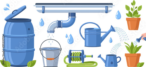 Illustration Set of Watering Equipment, Rainwater Harvesting System, and Indoor Plants for Garden Care