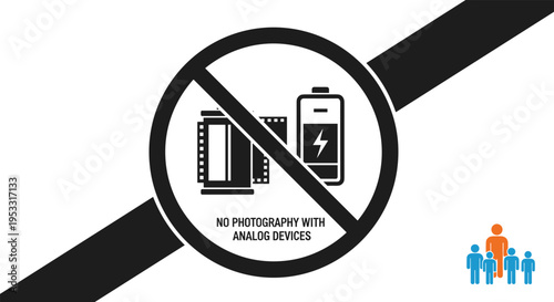Black and white sign showing a camera film roll and battery with a slash indicating no photography with analog devices.