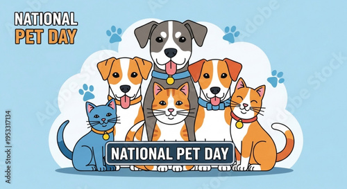 National pet day illustration with dogs and cats together celebrating pets and animal friendship with a blue background