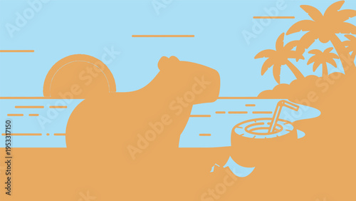 Bear Silhouette Relaxing on Tropical Beach.