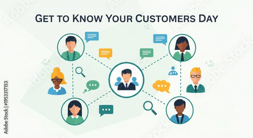 Get to know your customers day concept with diverse people network and communication icons on white background