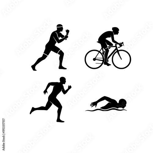 Triathlete icons set, vector illustration of running, cycling, and swimming athlete silhouettes in flat design