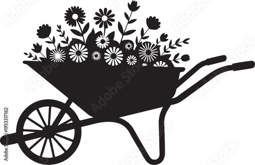 Black silhouette wheelbarrow filled with flowers white background