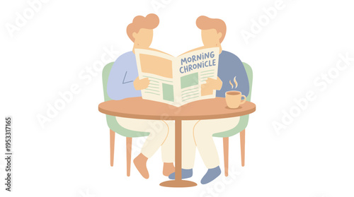 Two individuals enjoying a morning coffee and reading the newspaper together at a cafe, illustrating a peaceful start to the day