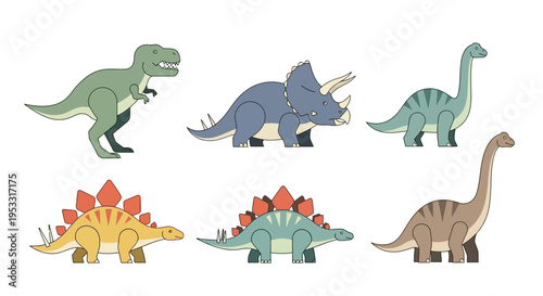 Collection of six distinct cartoon dinosaurs, including a Tyrannosaurus Rex, Triceratops, Brontosaurus, Stegosaurus, and other prehistoric creatures, isolated on a white background
