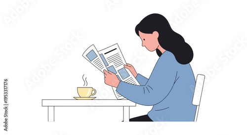 Woman reading newspaper and drinking coffee at a cafe table