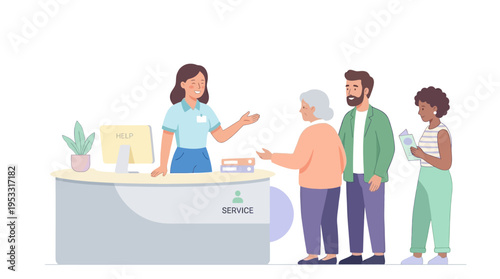 Friendly support staff at a busy reception desk attending to a diverse group of clients patiently waiting in line for professional assistance and information