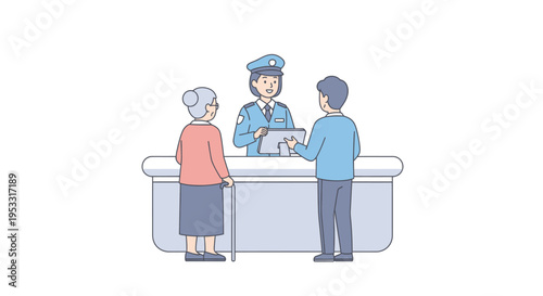 Illustration of a security guard checking identification at a counter, with an elderly woman and a man presenting their documents for verification