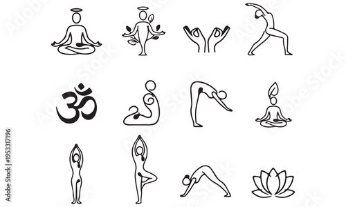 Sports Yoga Meditation Silhouettes Icons Set - Fitness Activities Vector Bundle