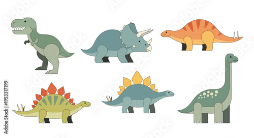A playful collection of diverse cartoon dinosaurs in flat design, featuring T-Rex, Triceratops, and Stegosaurus, ideal for children's learning projects and creative designs