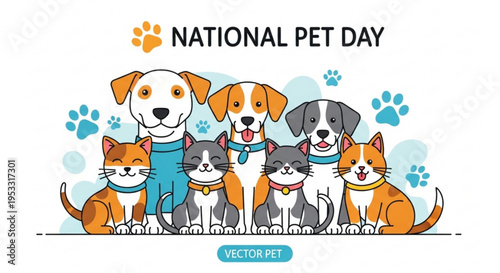 National pet day illustration with dogs and cats in colorful collage for animal lovers and pet owners