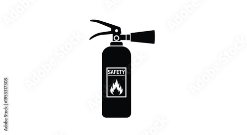 Black silhouette of a fire extinguisher with the word safety and a small flame icon on a white background illustration.
