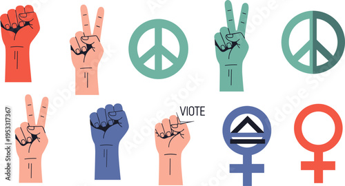Vector Set of Peace Symbols, Voting Hand Gestures, and Feminist Icons