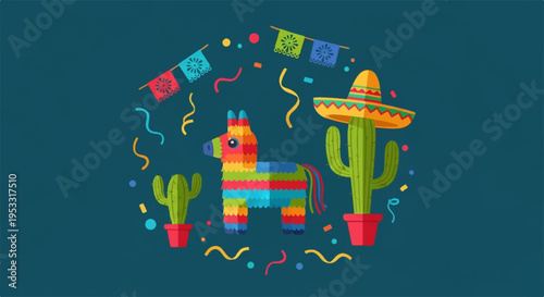 Vibrant cinco de mayo celebration with piata cacti and sombrero on dark blue background with colorful decorations