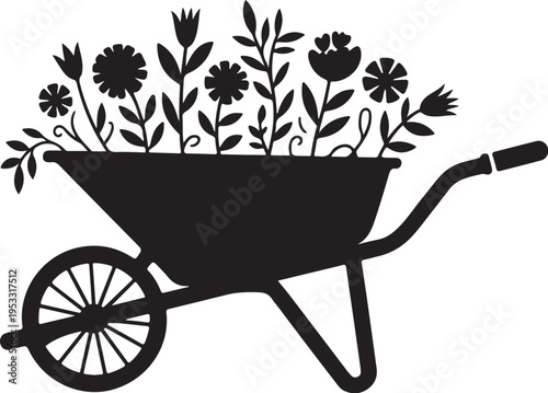 Black silhouette wheelbarrow with flowers gardening