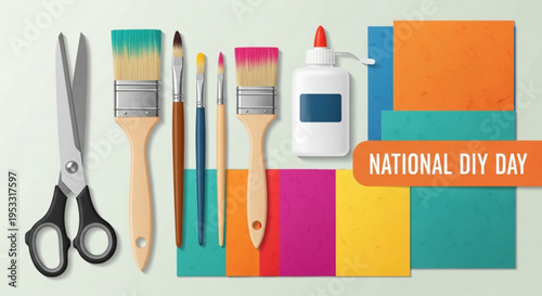 National diy day art supplies with scissors paintbrushes glue and colorful paper for creative projects