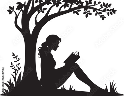 Black silhouette woman reading book under tree grass