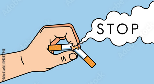 Hand holding cigarette with stop sign.