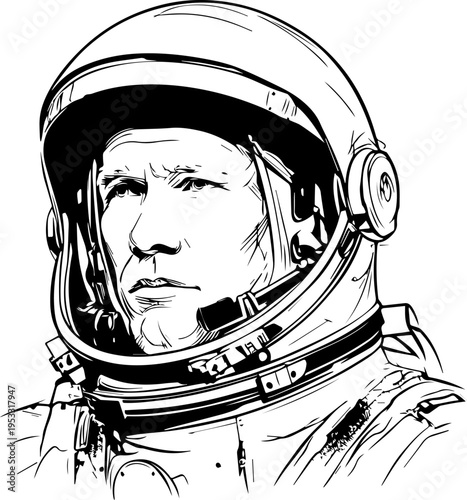 Hand Drawn Male Astronaut Black and White Avatar Illustration in Minimal Line Art Style Design