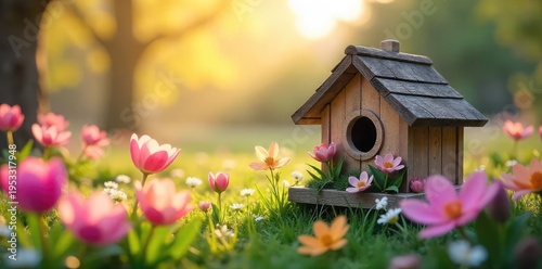 A charming birdhouse nestled amongst blooming spring flowers, bathed in the warm sunlight of a fresh spring morning Perfect for nature, springtime, and home decor themes , purple, cottage