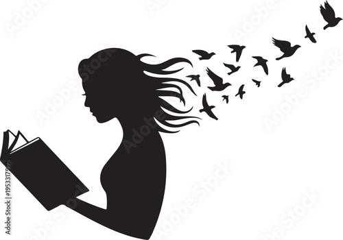 Black silhouette woman reading book with birds flying out