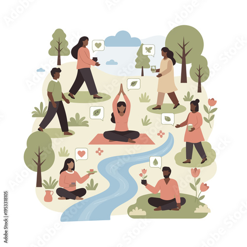 People doing yoga and meditation outdoors.