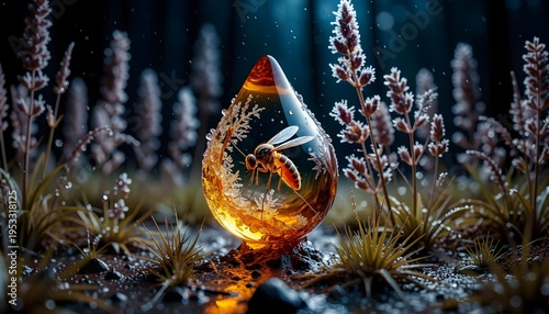 Large mosquito trapped in a drop of amber. Detailed insect preserved in golden resin, creating a dramatic natural concept of time, evolution and ancient life.