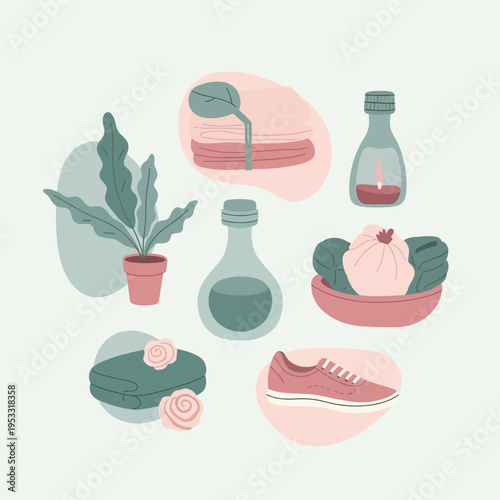 Sneaker with healthy food and plant.