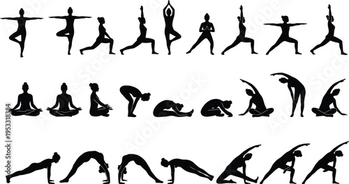 Yoga Pose Silhouette Set Featuring Meditation, Stretching, Balance and Flexibility Exercises for Fitness Training and Healthy Wellness Lifestyle Practice